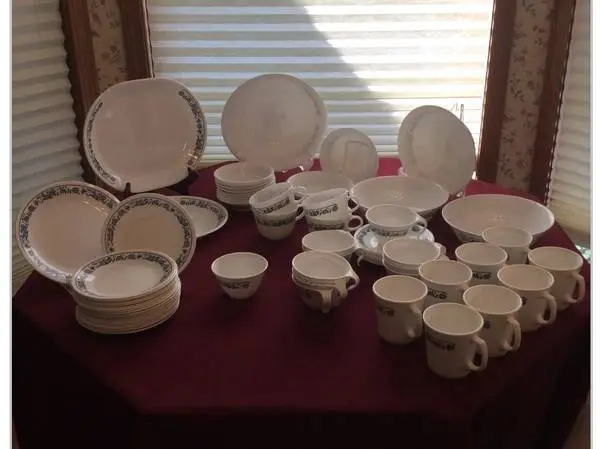 63 piece Set of Corelle Dinnerware plates bowls Cups Mugs platters C+S