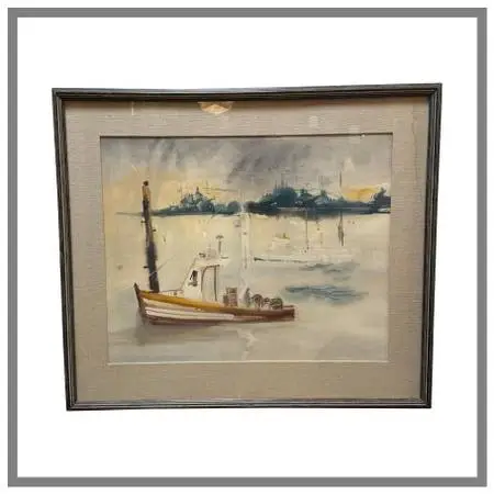 Sanford Brooks Mid Century Harbor Scene Watercolor Painting, Signed