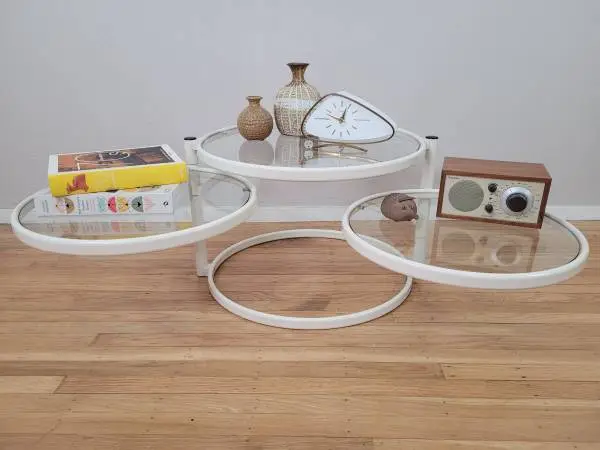 Vintage 1970s Mid Century Modern White Tiered Glass Metal Coffee Table