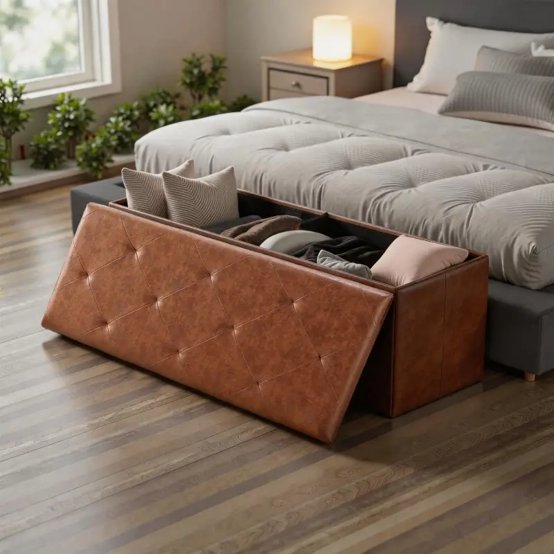 Tufted Faux Leather Storage Ottoman Bench, Folding Footrest with Large Hidden Storage Chest, 600 lbs