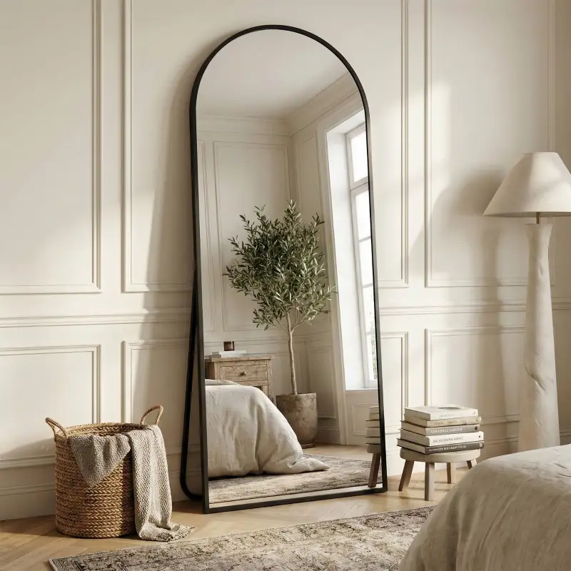 58" Full Length Floor Mirror, Oversized Arched Full Body Mirror with Stand, Aluminum Frame Dressing