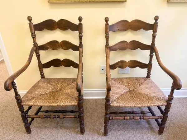 Pair of Vintage Ladder-Back Armchairs – Woven Rush Seats – Turned Wood