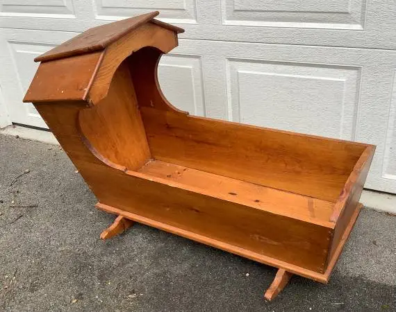 VINTAGE WOODEN HOODED ROCKING CRADLE
