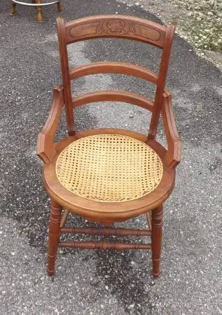 Vintage Wooden Cane Chair Wicker Seat Engraved Back