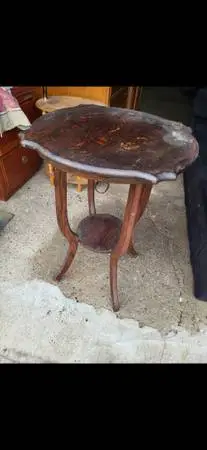 Antique Quartersawn Tiered Parlor Table with scalloped edges, solid wo