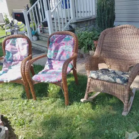 Patio, deck or lawn chairs, 2 chairs, 1 rocker, vinyl wicker, $40 each