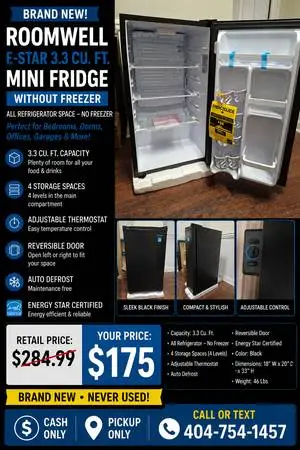 **Brand New Roomwell E-Star 3.3 Cu Ft Mini Fridge – No Freezer – $175*