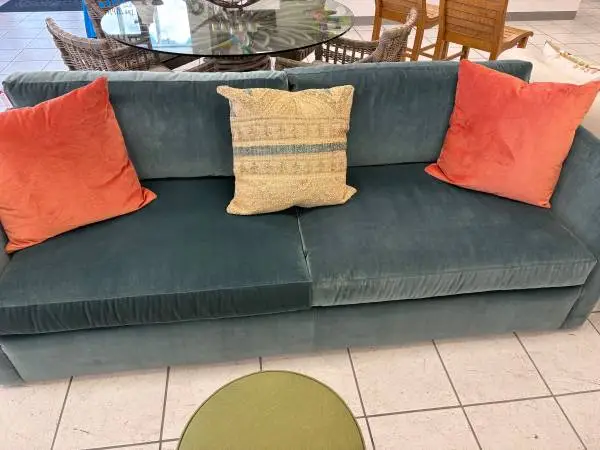 Blue Velvet Sofa by Hickory House with 2 pillows