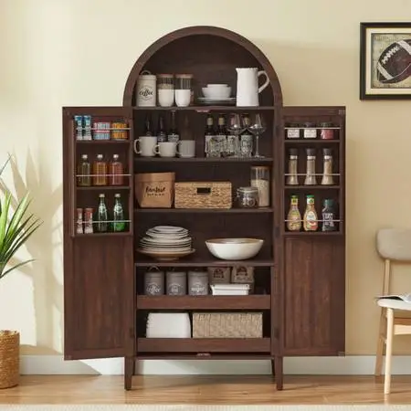 71 Inch Tall Arched Cabinet, Kitchen Pantry Cabinet With Doors & Shelves