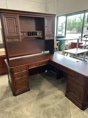 L shape desk w/Hutch by Whalen Office Furniture in Walnut finish wood