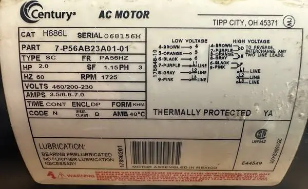 2 HP Century AC Motor H886L