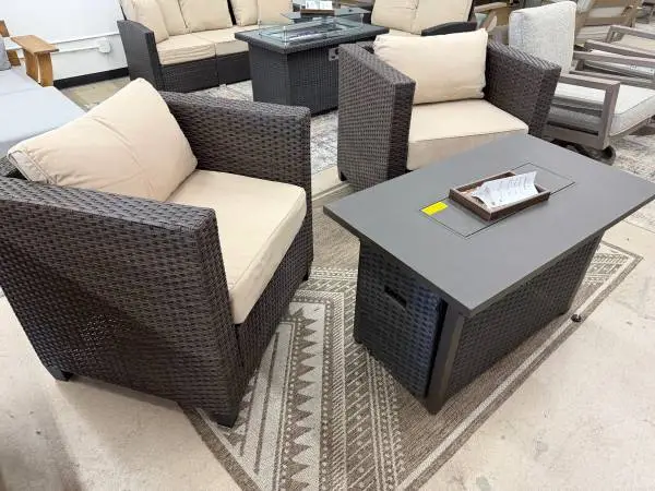 Rattan Patio Furniture Pair of Chairs and Fire Table *New*