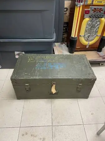 Vintage Military Storage Trunk, Metal, Army Green, With Handles