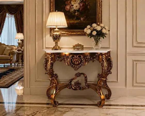 Beautiful Gold Console Table with White Marble Top