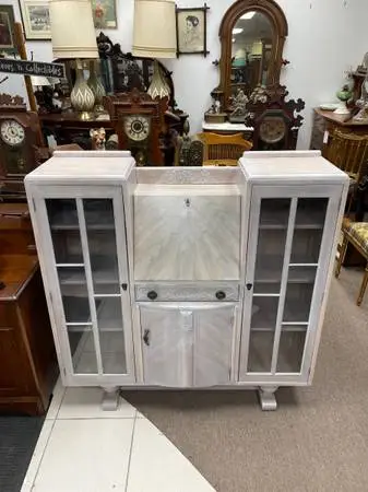 1940s Tiger Oak Mirrored Desk Cabinet, Locking Glass Side Doors,