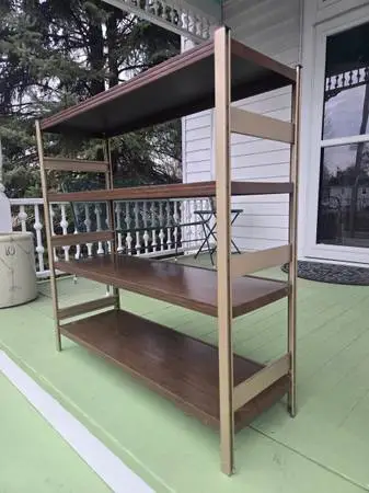 Mid Century Modern Aluminum and Faux Walnut Bookshelf