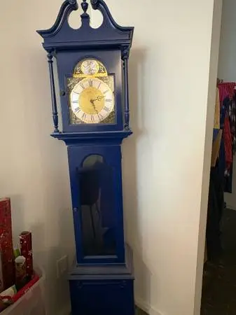Navy blue lacquered small grandfather clock - decorative