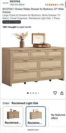 SICOTAS 7 Drawer Rattan Dresser for Bedroom, 57 Wide Dresser