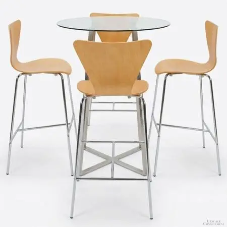 Round Glass Top Bar Height Table w/4 Bentwood Stools - Maple