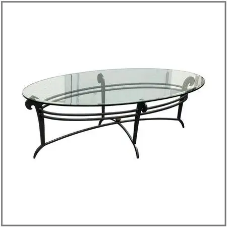 French Art Deco Style Wrought Iron Oval Glass Coffee Table
