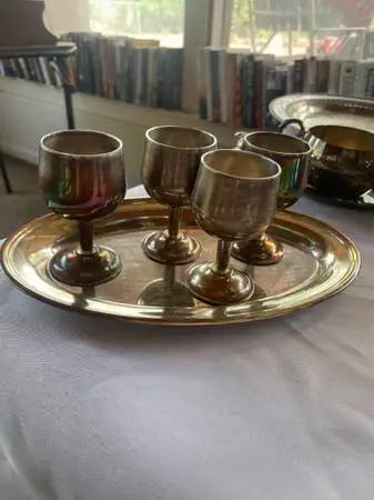 “Moody”or Hollywood Regency bar cart decor set of 4 vintage metal cord