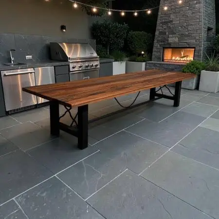 Custom Old Growth Redwood Outdoor Table w/ Blackened Steel Base