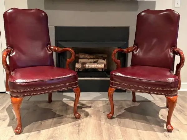 PAIR 2 Queen Anne Burgundy Leather Library Arm Chairs, Brass Nailheads