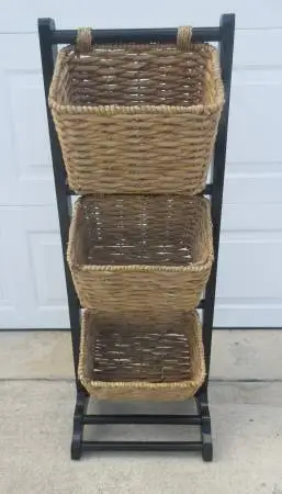 3 Tier Wicker Rope Basket Storage Unit with Wood Frame