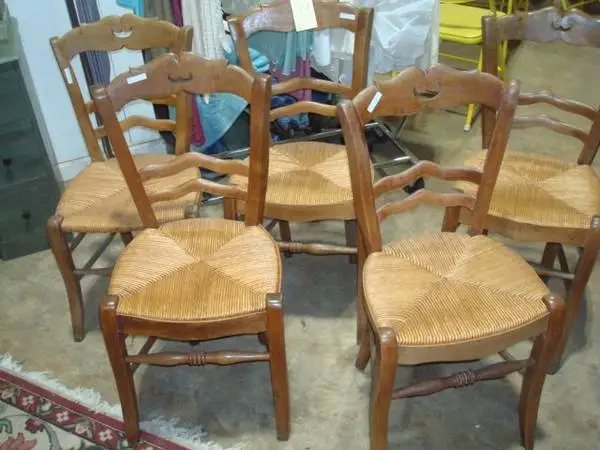 5 carved rush seat chairs