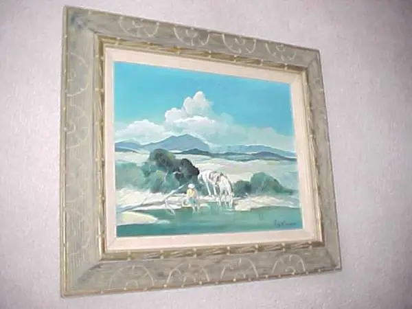 WESTERN ART COWBOY AND HORSE AT WATERING HOLE FRAMED ARTWORK