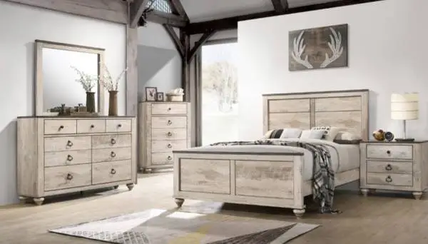 Complete washed walnut antique style bedroom set