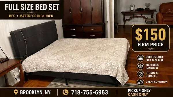 Modern Full Size Bed Frame with Upholstered Headboard – Excellent Cond