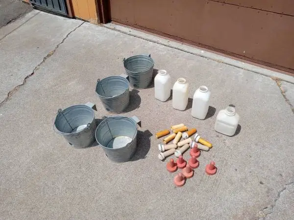 4 Livestock Nipple Feeder Buckets Etc.