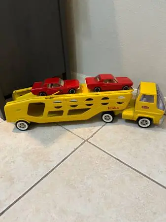 Vintage 1960s Tonka Car Carrier with Two Cars Ford Mustang