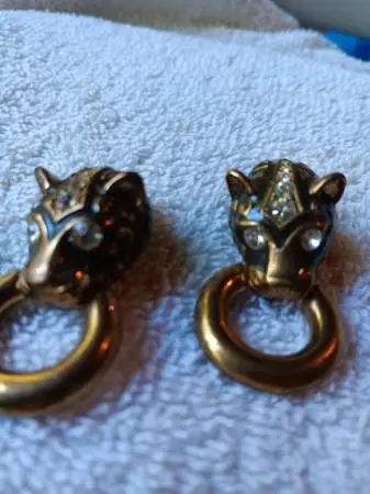 Vintage Black Panther Door Knocker/Hoop Clip-on Earrings with Stones