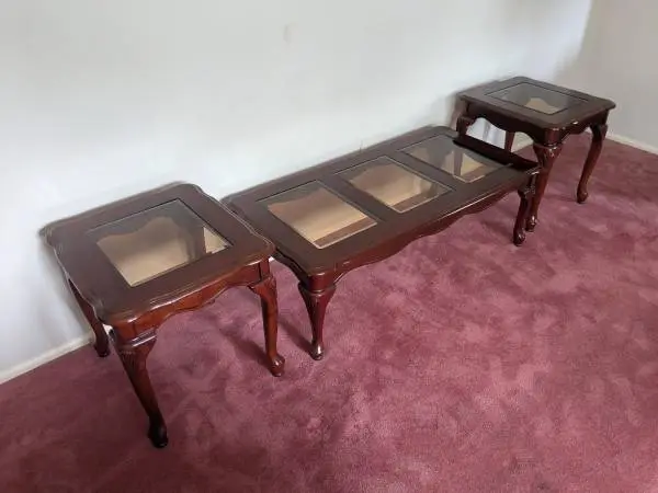 3-Piece Cherry Coffee Table & Matching End Tables Set w/ Glass Insert
