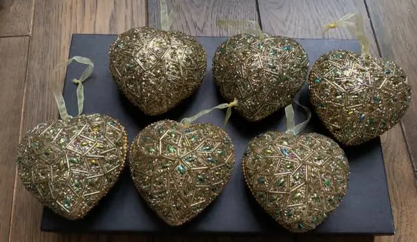 BEADED GOLD HEART ORNAMENTS
