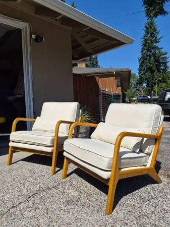 ✨PAIR of MCM Style Wood/Cream Chairs-Good Shape!