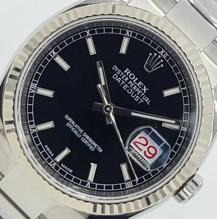 Rolex Datejust Mens 36mm SS Black Dial 18K WG Fluted 116234 W/ Papers