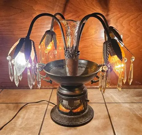 Vintage 4-Light Crystal Prism Waterfall Fountain Table Buffet Lamp