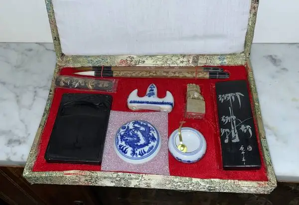 VINTAGE CHINESE 10 PIECE CASED CALLIGRAPHY SET - SEAL, INKSTONE, ETC