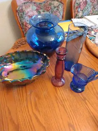 Last 5 Pieces Of Carnival Glass And Cobalt Blue Glass All For