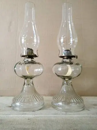 Two 1900’s Mint Condition Antique Clear Glass Kerosene Oil Lamps