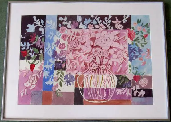 VNTG ORIG ABSTRACT FLORAL CALIFORNIA MODERNISM WATERCOLOR M. MALONE