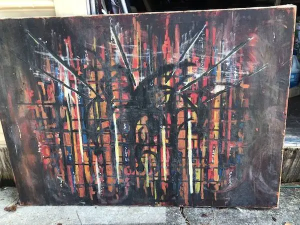*ABSTRAC SKYSCRAPER MCM OIL PAINTING c.1960’s*