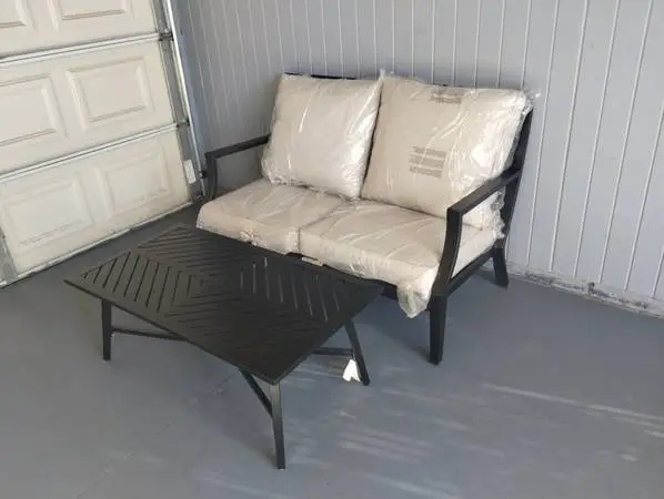 Outdoor patio aluminum loveseat and coffee table