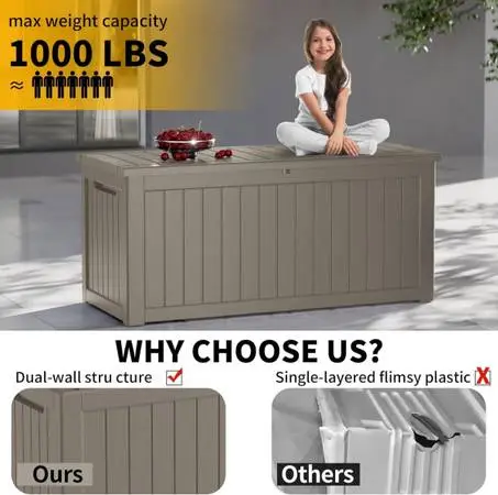 New 270 Gallon Lockable Resin Outdoor Storage Box, Waterproof & Weather Resistan