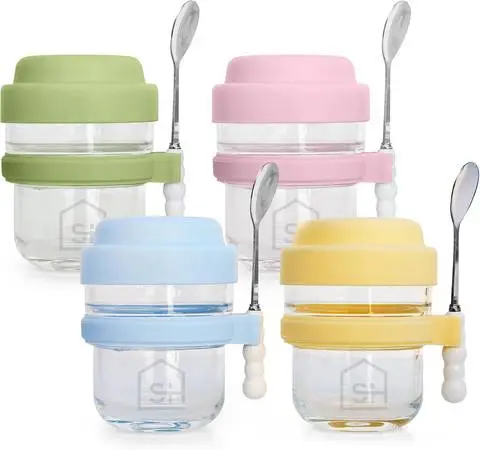 New Set of 4 Glass Hot Cold Food Lunch Baby Cups With Lids and Spoons