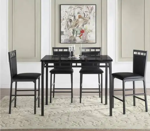 Faux marble top with 4 black leather cushion chairs
