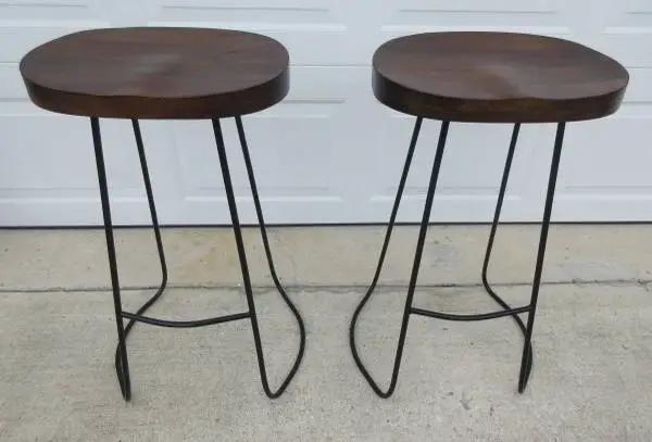 2 Solid Wood and Wrought Iron Bar Stools with Molded Seat